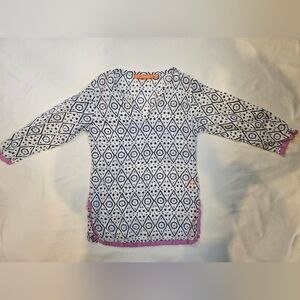 Oliphant Girls Cover-up Tunic- Geometric Pattern W/Pink Trim- 100% Cotton-Size 4